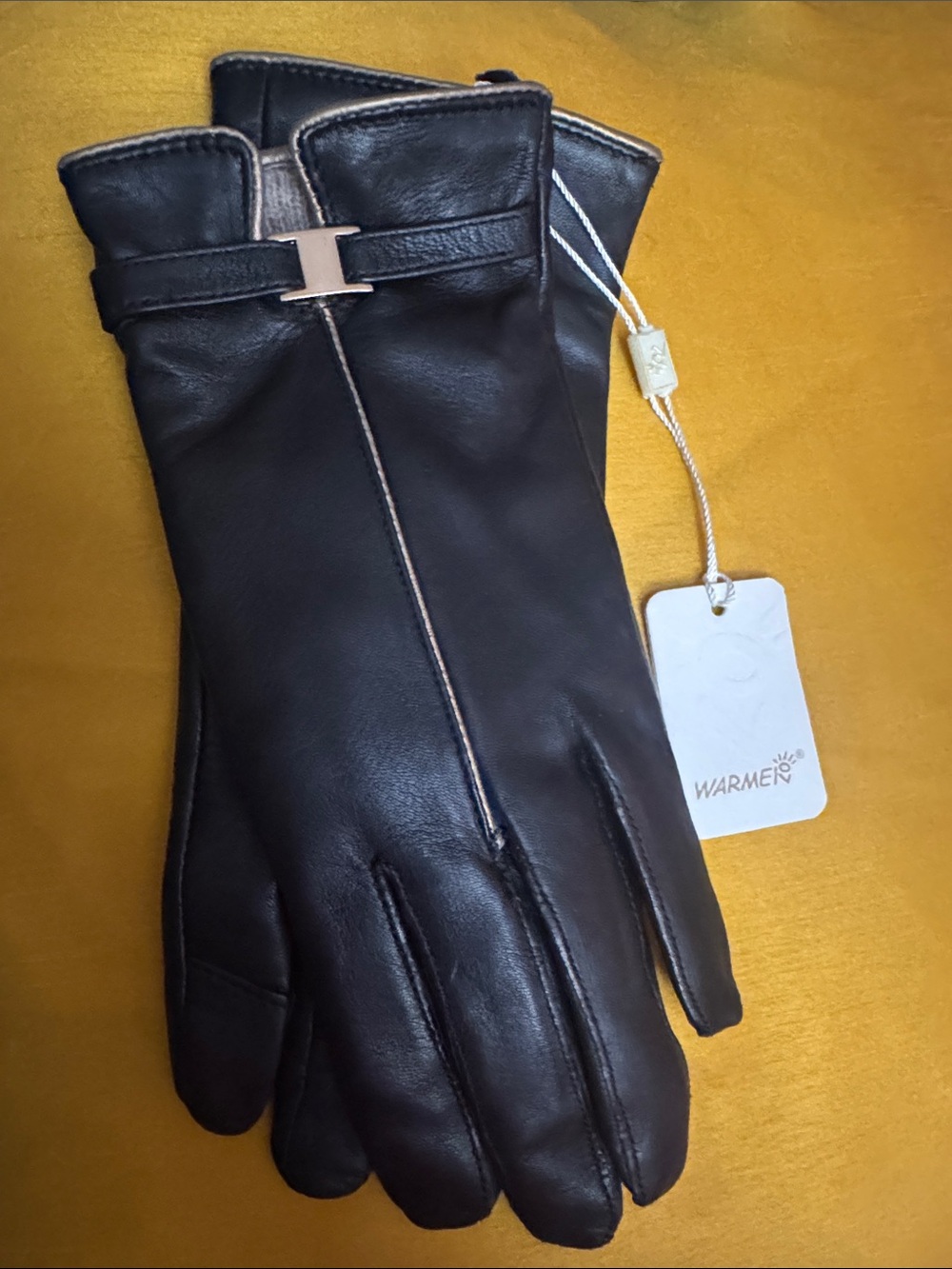 Warm Black Lambskin Leather, Cashmere Lined Gloves with Gold Buckle Detail